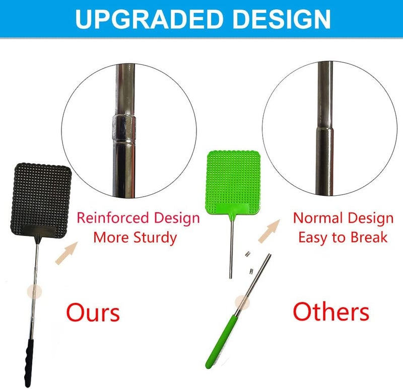 fecobyte 2PCS Telescopic Fly Swatter, Manual Heavy Duty Plastic Flyswatter, Upgraded Sturdy Fly Swatter with Extendable Stainless Steel Pole - Image 2